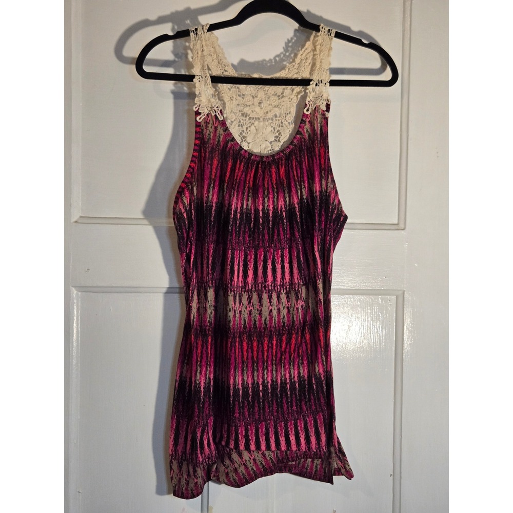 New Directions Weekend Pink Purple Ikat Crochet Lace Racerback Tank Top XL